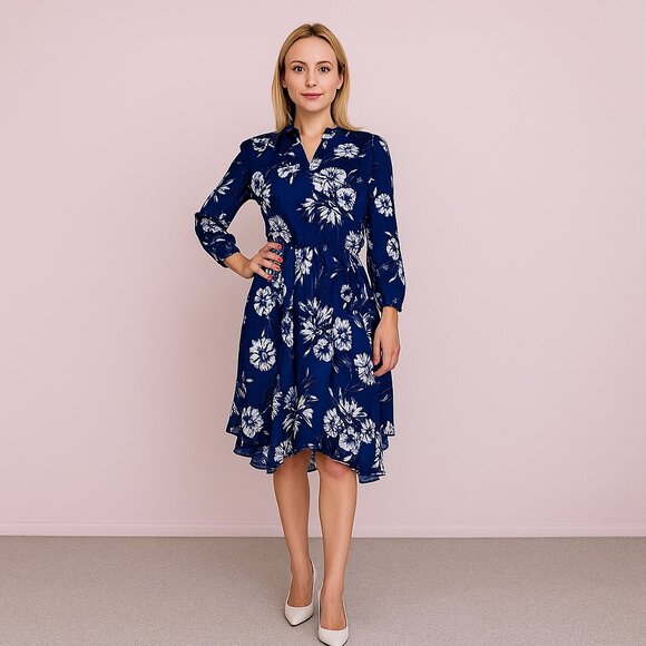 White House Black Market Dresses & Skirts - White House Black Market Floral Print Faux Wrap Dress Long Sleeve Navy 10 #BAG3